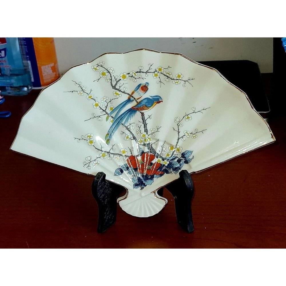 Porcelain Collector Dish JAY Fine China Fan Shaped with Bird Floral Design Japan